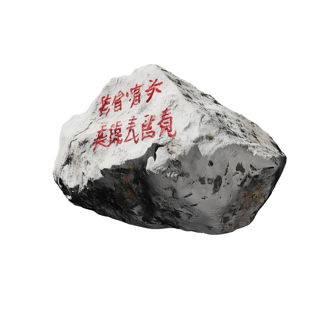 A boulder painted with red brushstroke characters